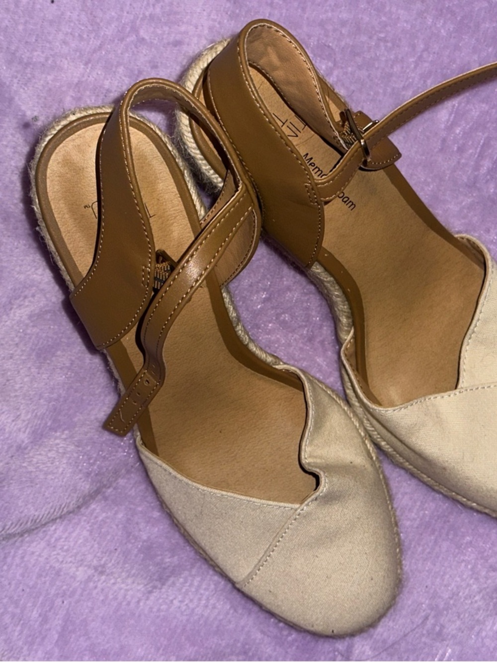 Time and Tru Beige Canvas and Brown Ankle Strap Espadrille Sandals
